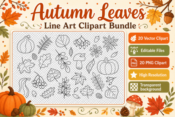 Mastering Seasonal Design with the Autumn Leaves Line Art Clipart Bundle