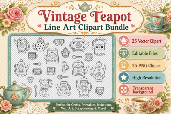 Vintage Teapot Line Art Clipart Bundle