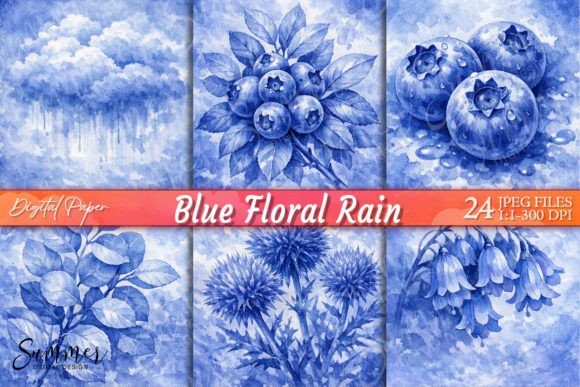 Watercolor Blue Floral Rain Paper Pack
